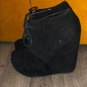 Black suede lace up wedge booties